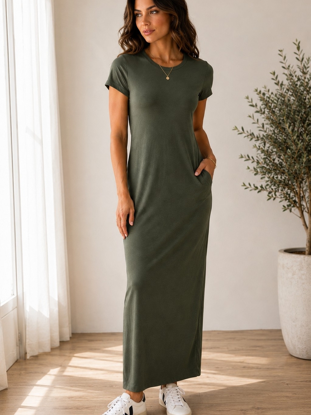 American Dream Olive Green Short Sleeve Maxi Dress